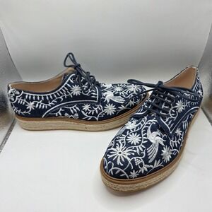 Kanna Women Embroidered Denim Espadrille Oxfords Blue White Platform Shoes 9.5M